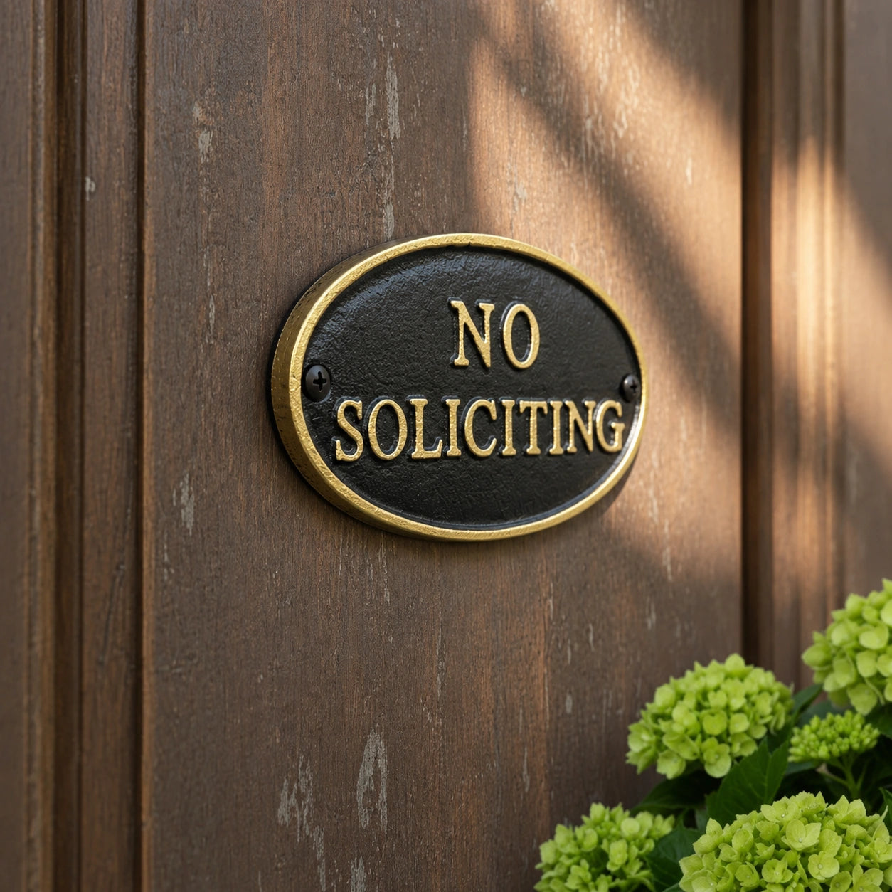 "No Soliciting" Oval Wall Sign, Cast Iron Black and Gold, 6.8" GB78045 shot 4