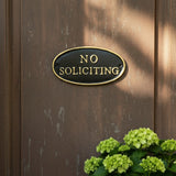 No Soliciting Sign Oval Cast Iron Black and Gold Door Decor