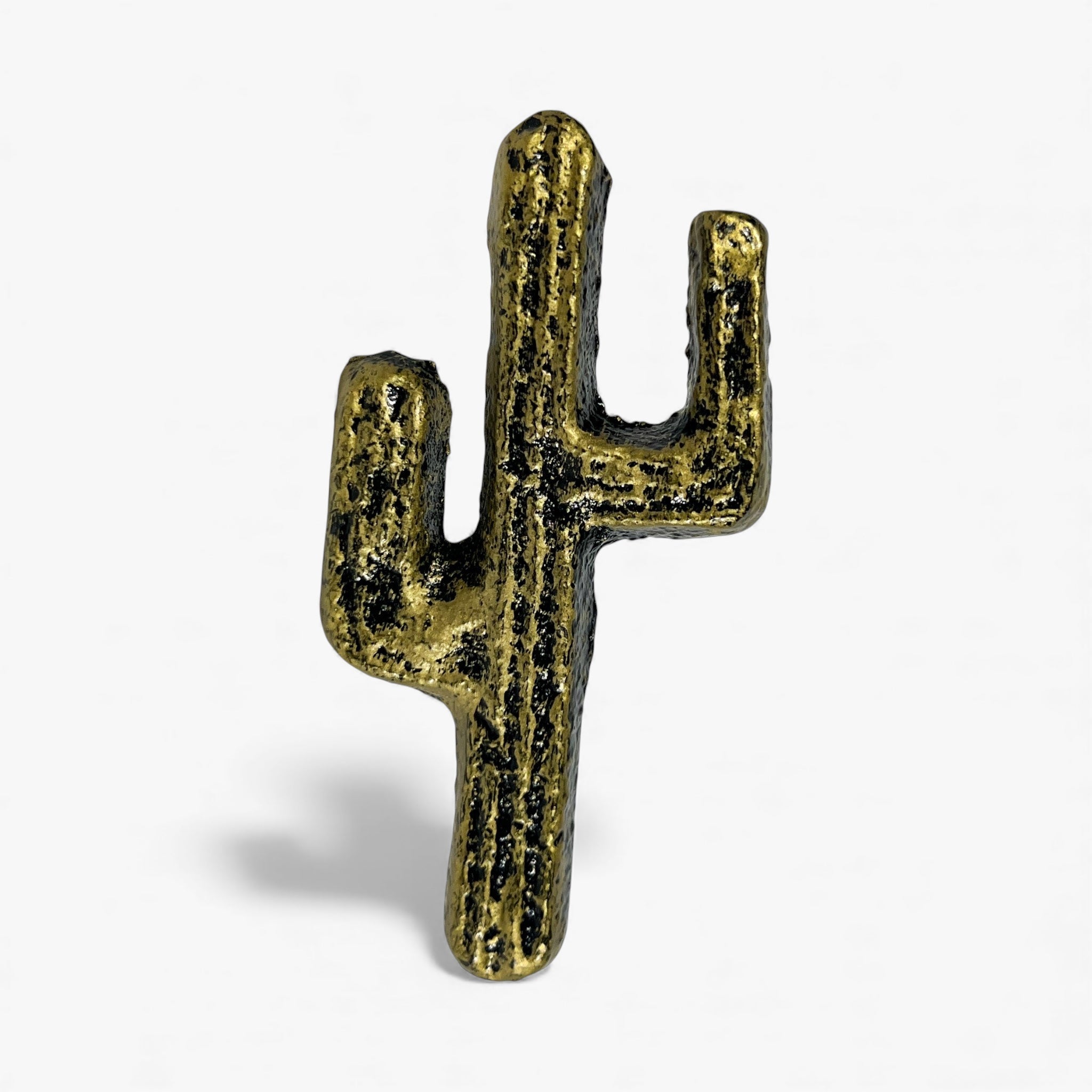 Textured gold cactus shape cabinet knob with saguaro silhouette and aged patina