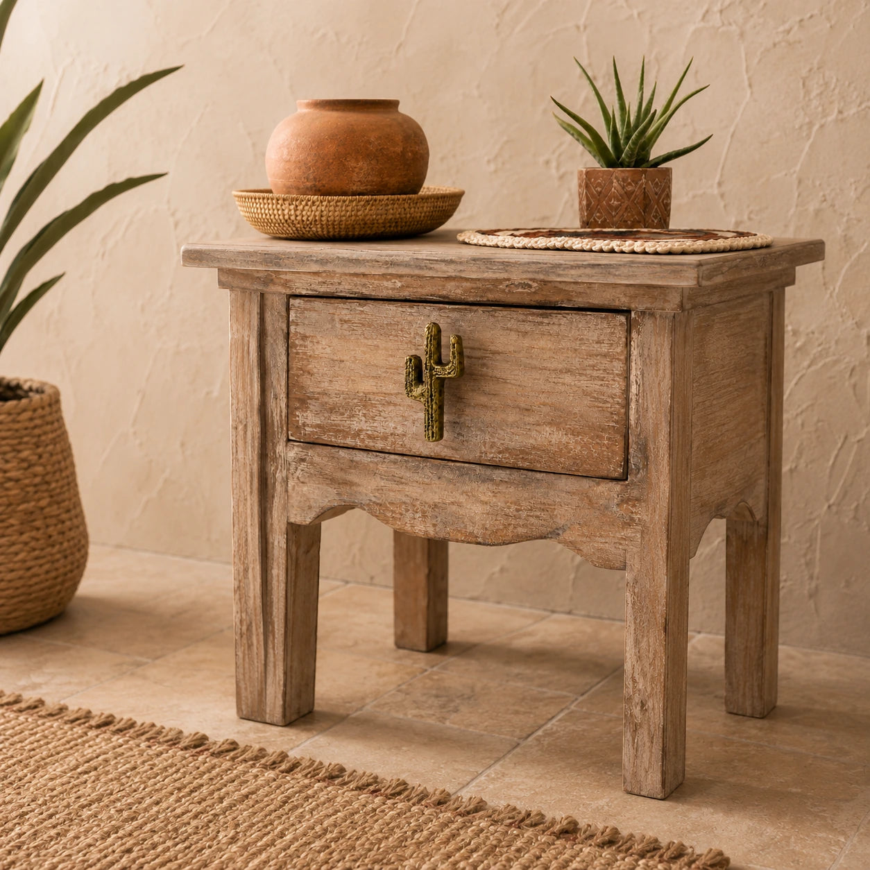 Rustic side table with antique brass cactus drawer knob and desert style decor