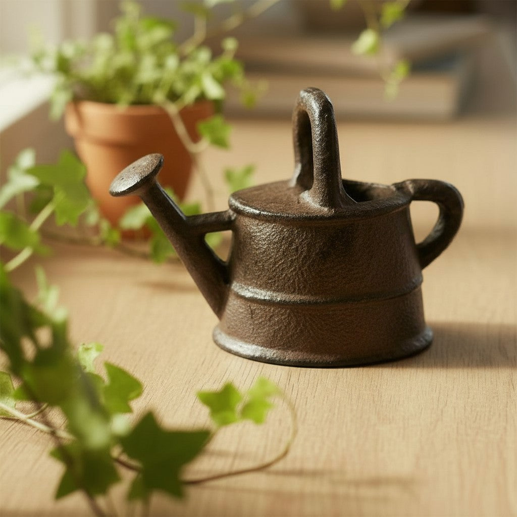 Cast iron miniature watering can garden statue on wooden surface with potted plants, dark patina finish