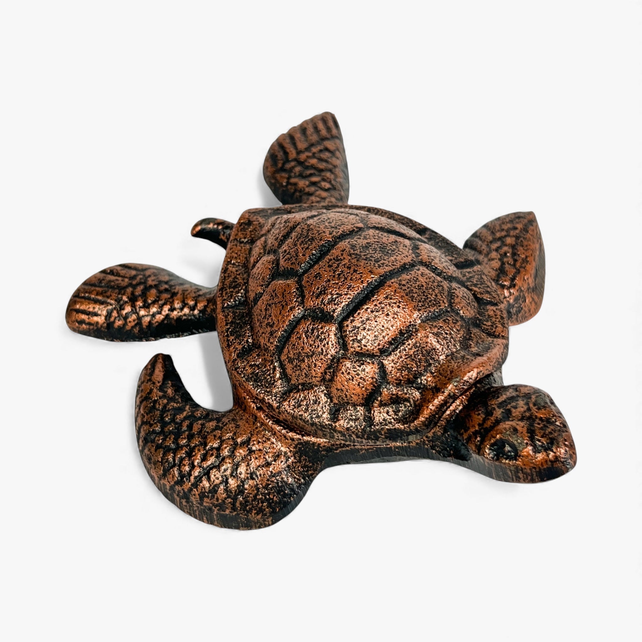 Overhead cast iron turtle hideaway with textured shell, weathered copper finish, garden decor
