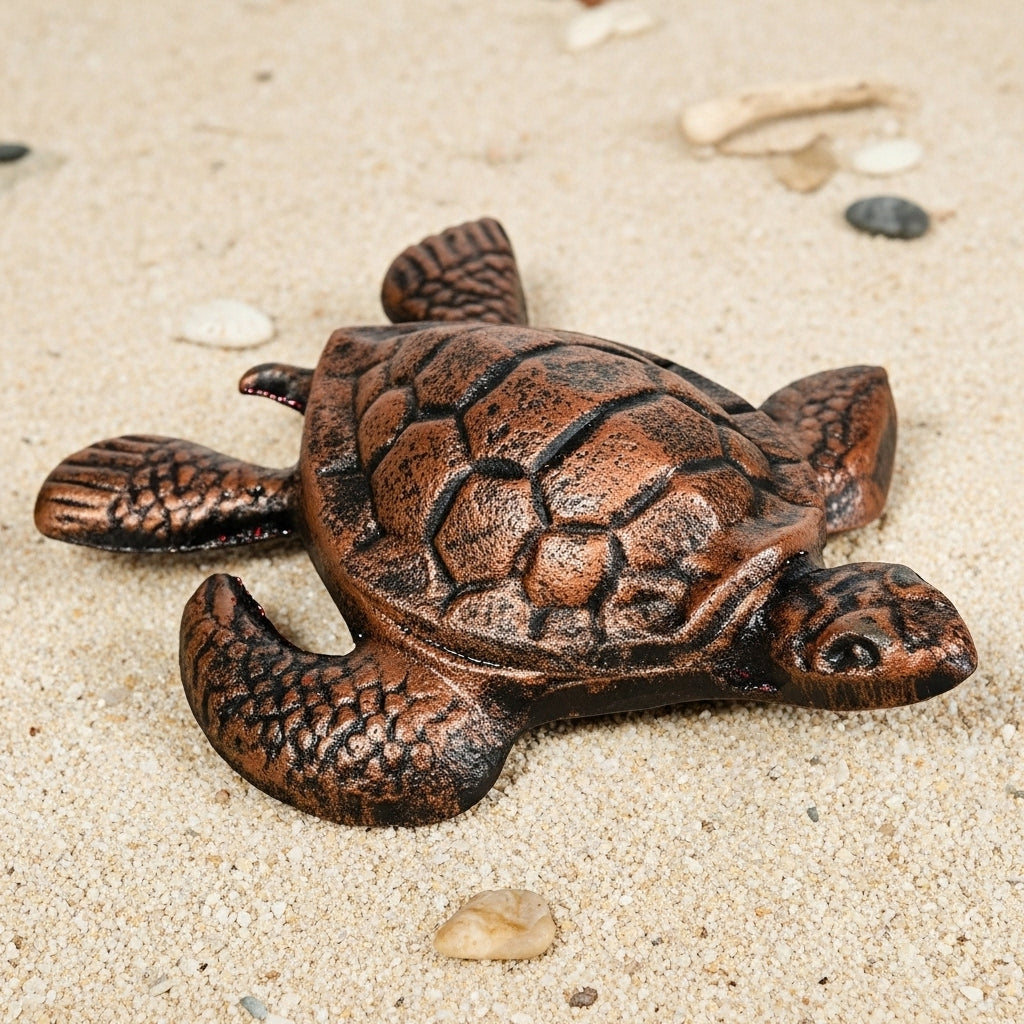 Weathered copper cast iron sea turtle key hider box with detailed shell texture, outdoor decor