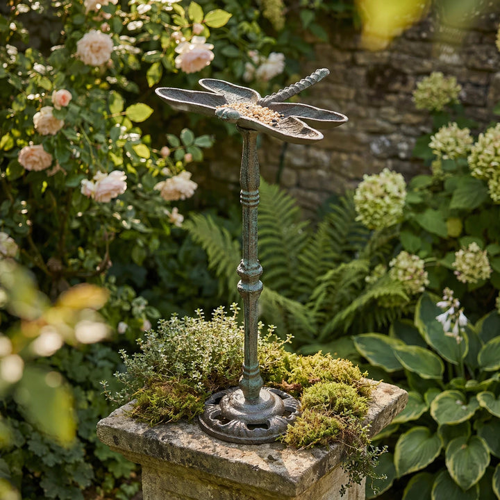 Cast iron dragonfly bird feeder standing in a garden bed.