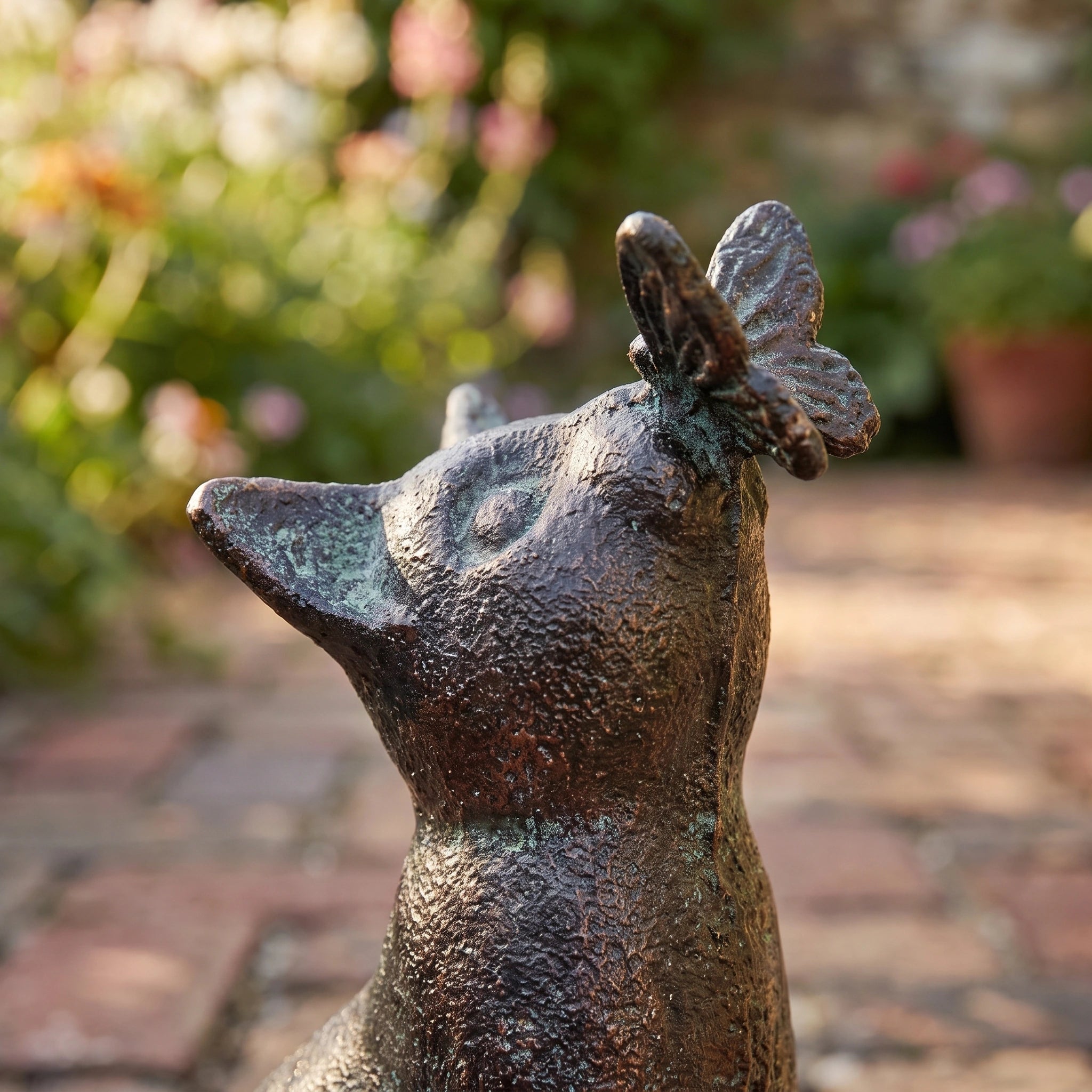 Cat with Butterfly Figurine, Verdigris Cast Iron Statue, 5.9" GB78056 shot 2