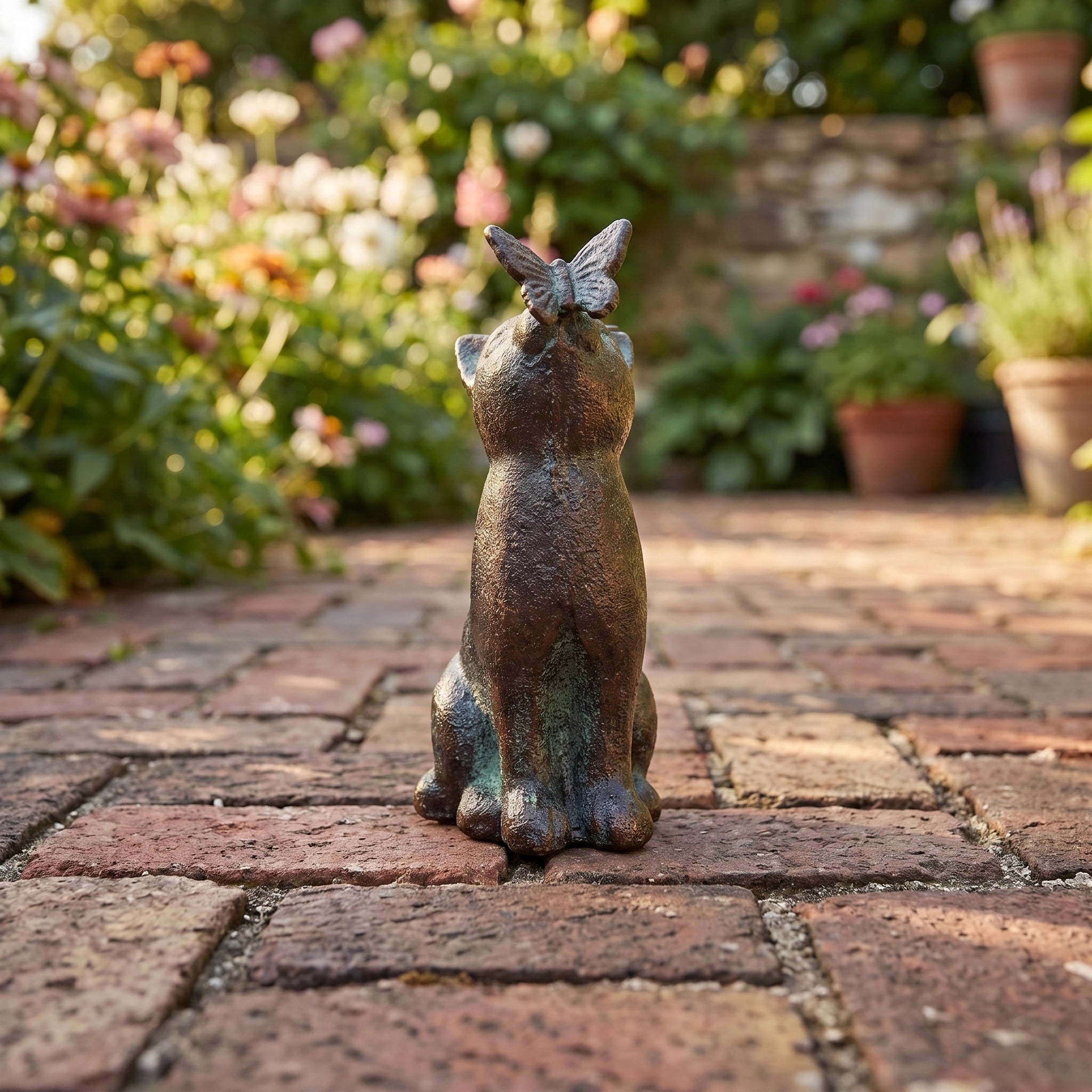 Cat with Butterfly Figurine, Verdigris Cast Iron Statue, 5.9" GB78056 shot 4