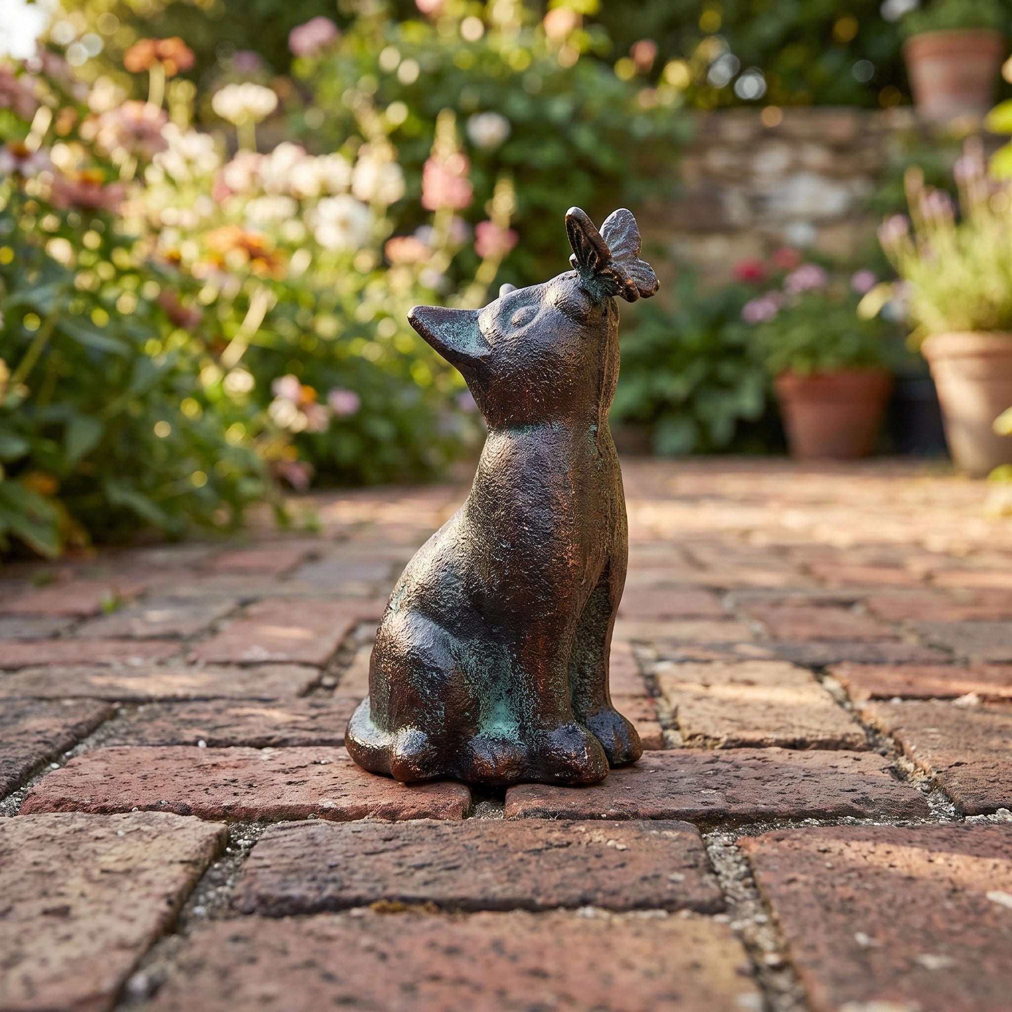 Cat with Butterfly Figurine, Verdigris Cast Iron Statue, 5.9" GB78056 shot 1