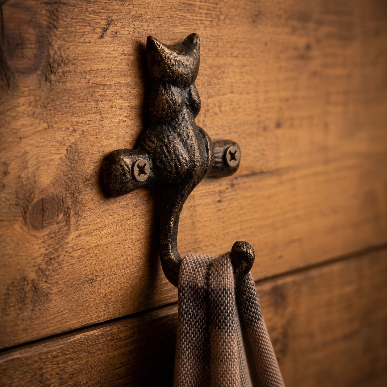 Black-bronze cast iron cat wall hook for keys, towels, or leashes, SKU GB78065