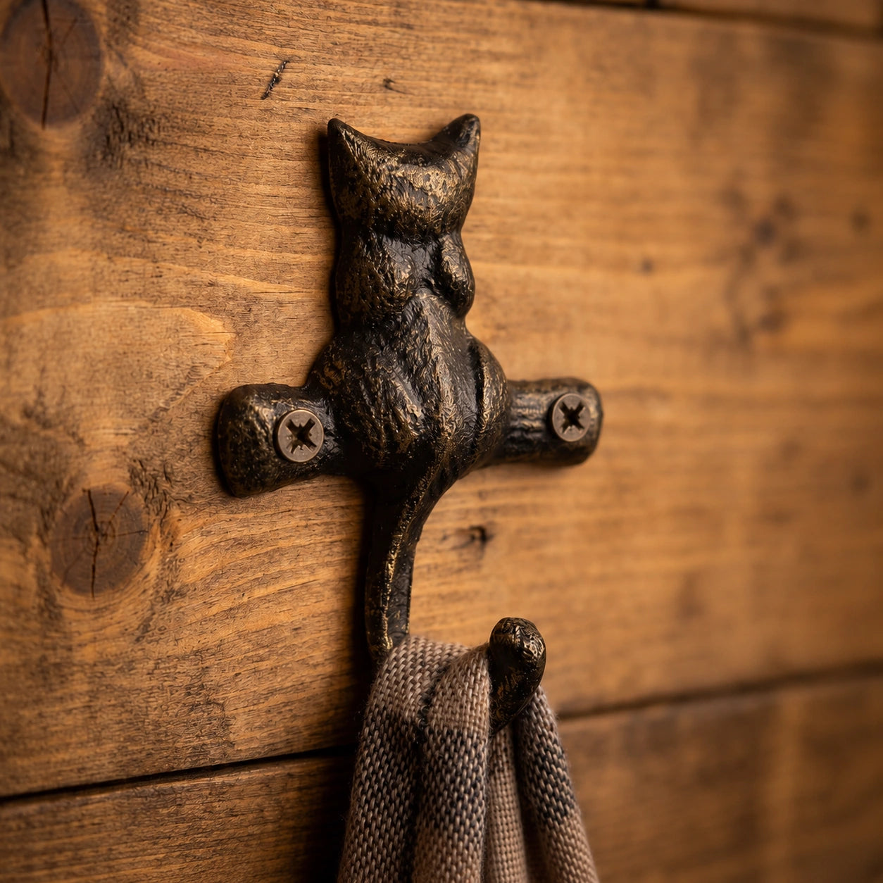 Antique bronze cast iron cat wall hook mounted on wood with visible screws, SKU GB78065
