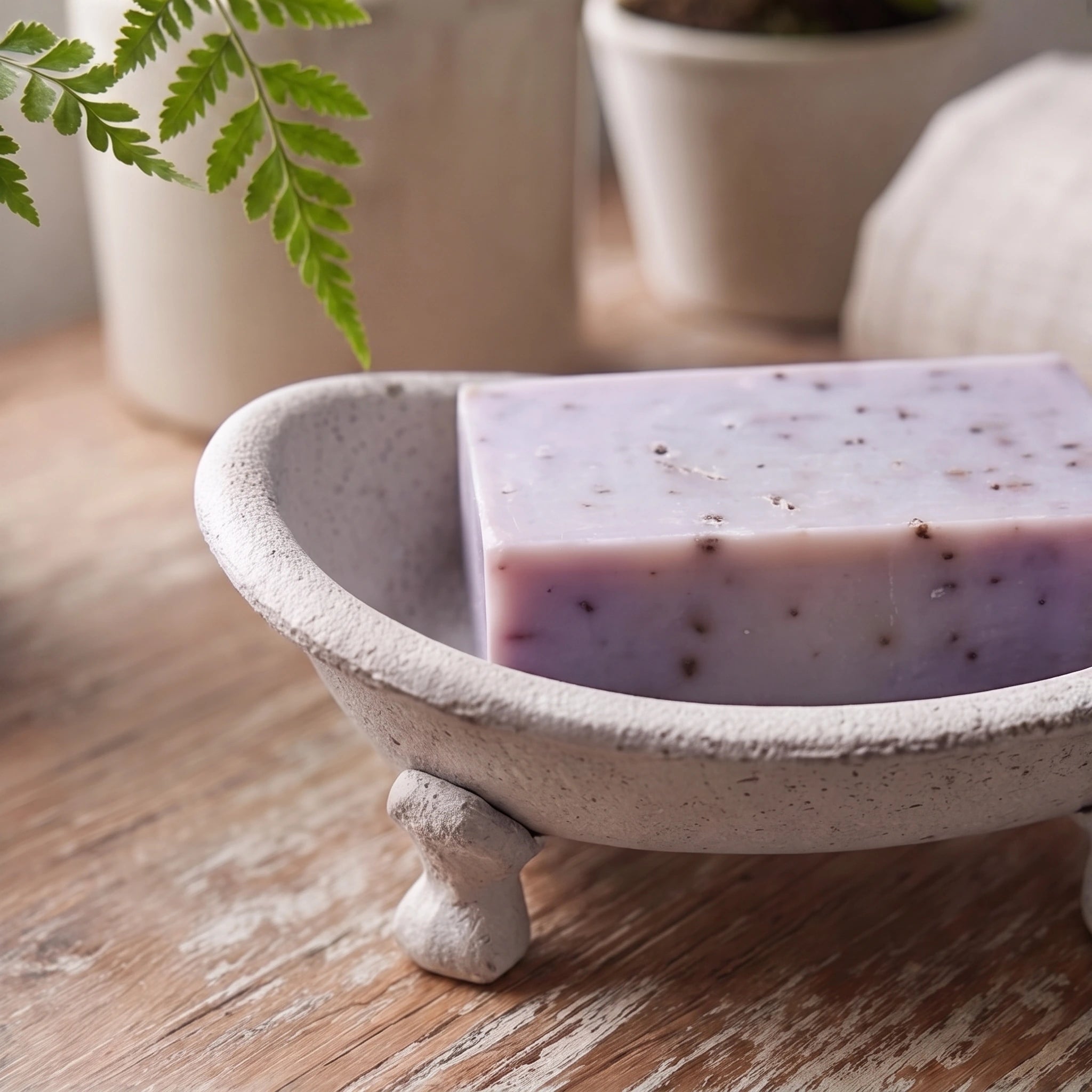 Clawfoot soap dish on a bathroom vanity with towel and plants, SKU GB78082