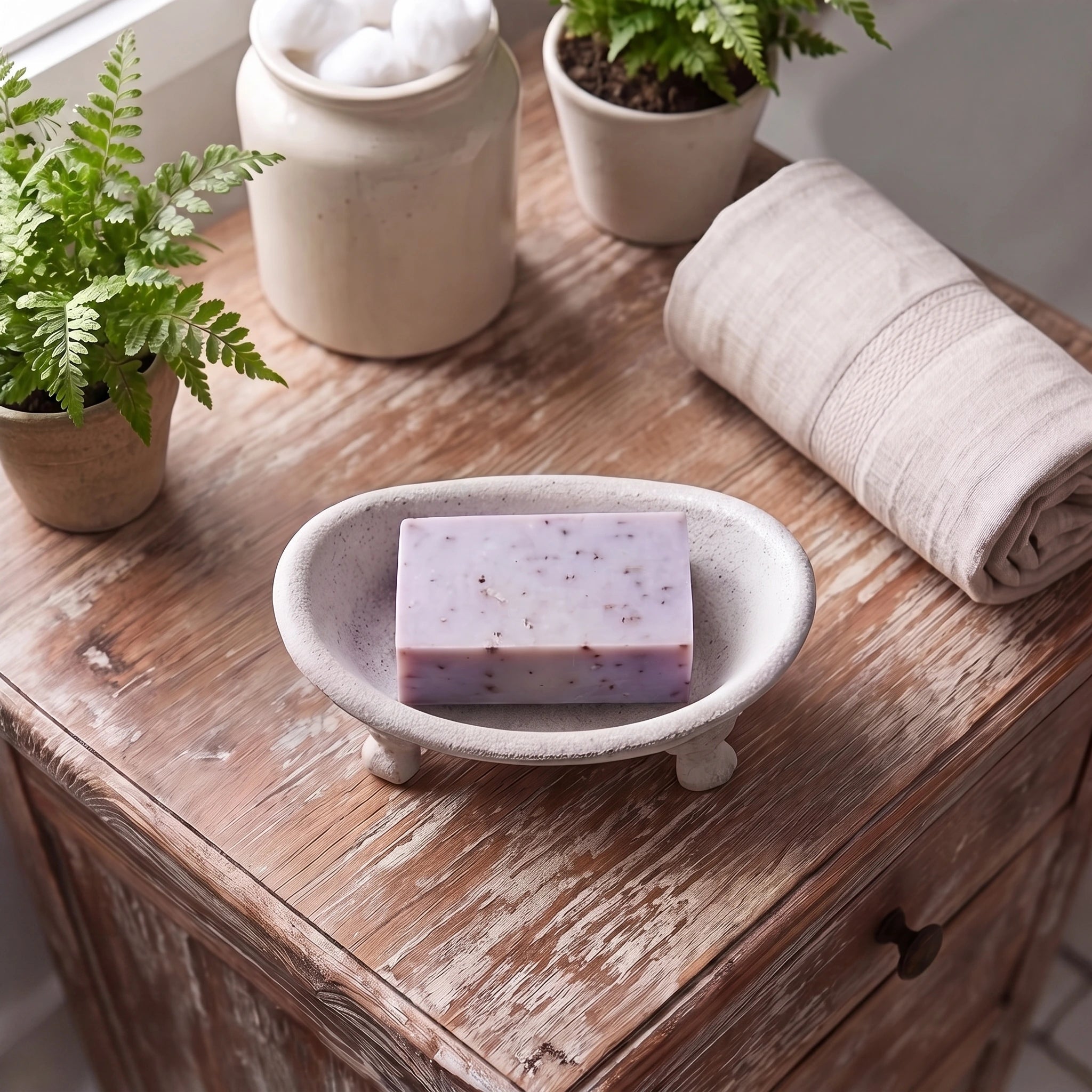 Small cast iron bathtub soap dish with raised claw feet, SKU GB78082