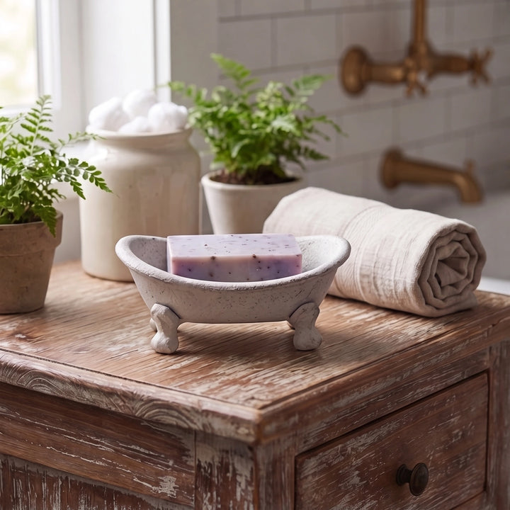 Antique white cast iron clawfoot bathtub soap dish holding a bar of soap, SKU GB78082