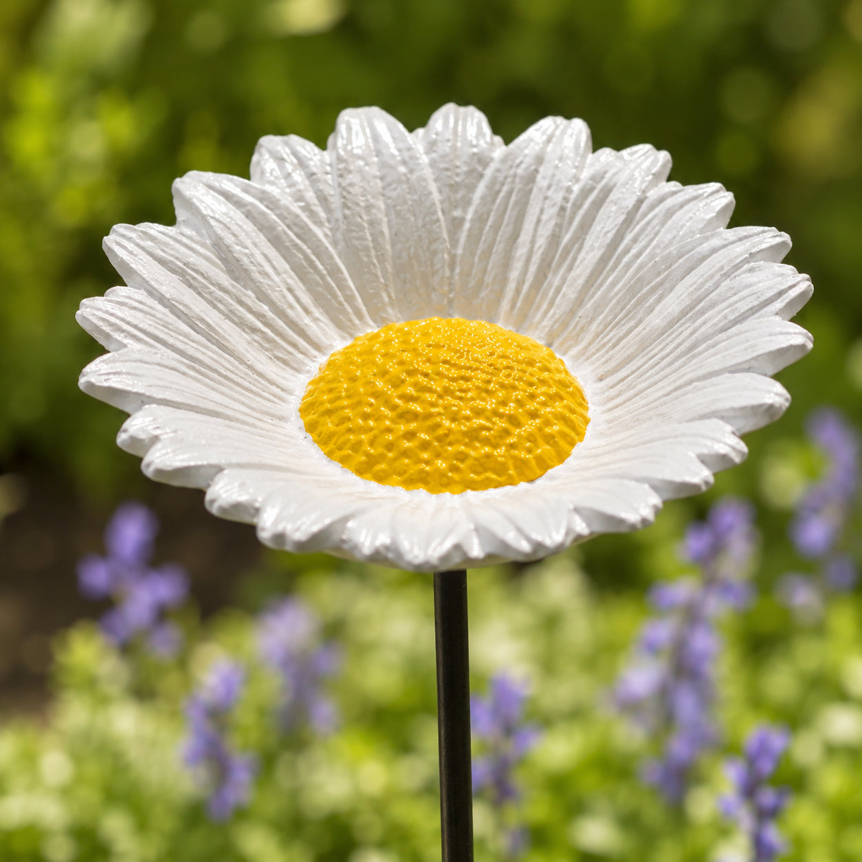 Daisy cast iron bird feeder and bath garden stake view 2