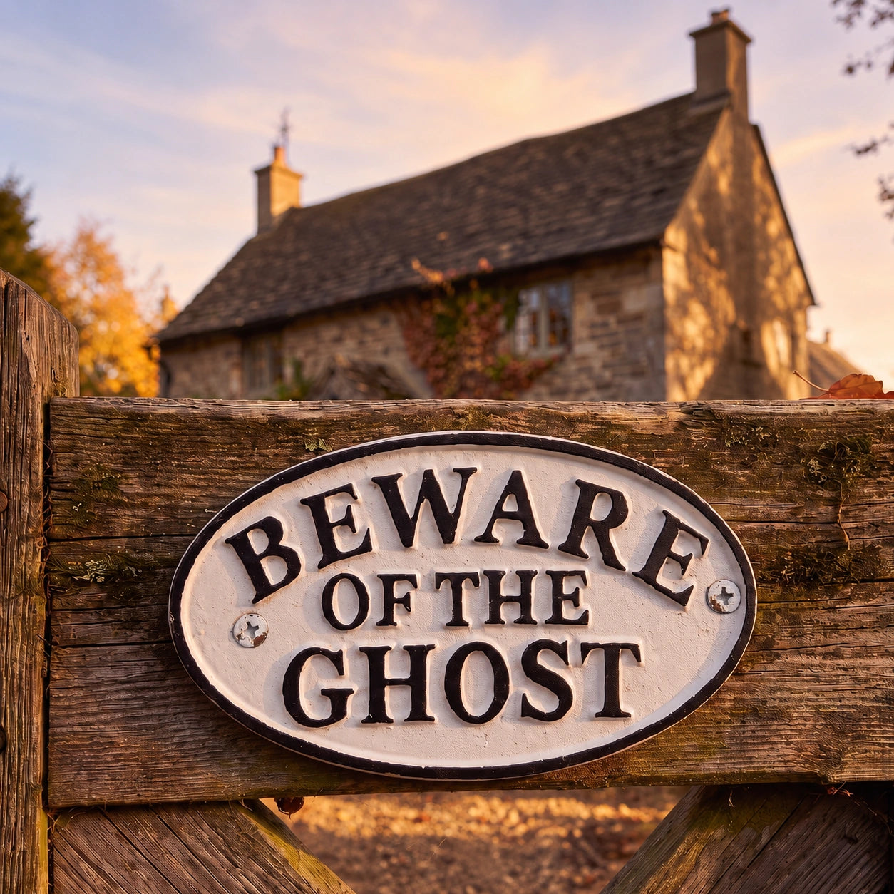 Cream and black cast iron Beware of the Ghost wall plaque mounted on a wooden gate, SKU GB78095