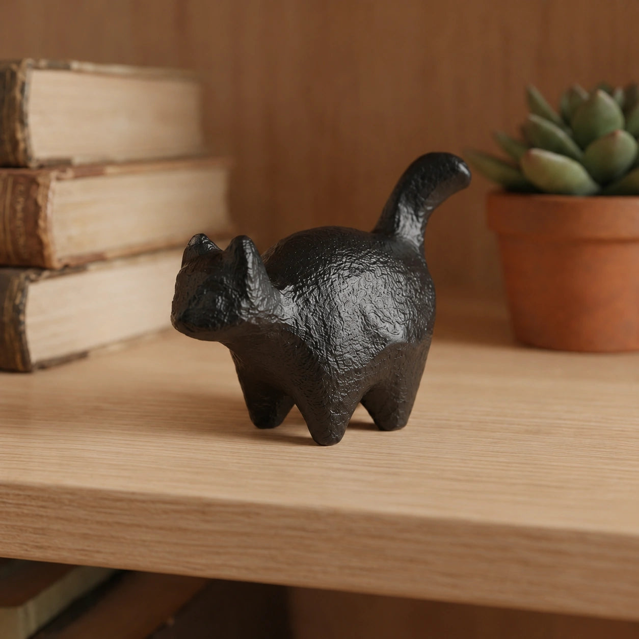 Black cast iron cat paperweight on a wooden shelf with books and plant, SKU GB78102