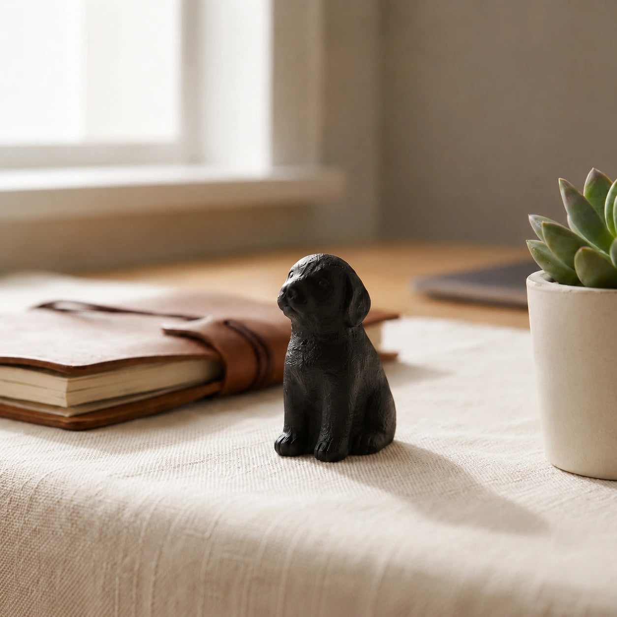 Black cast iron puppy paperweight on a desk with notebook and plant, SKU GB78103