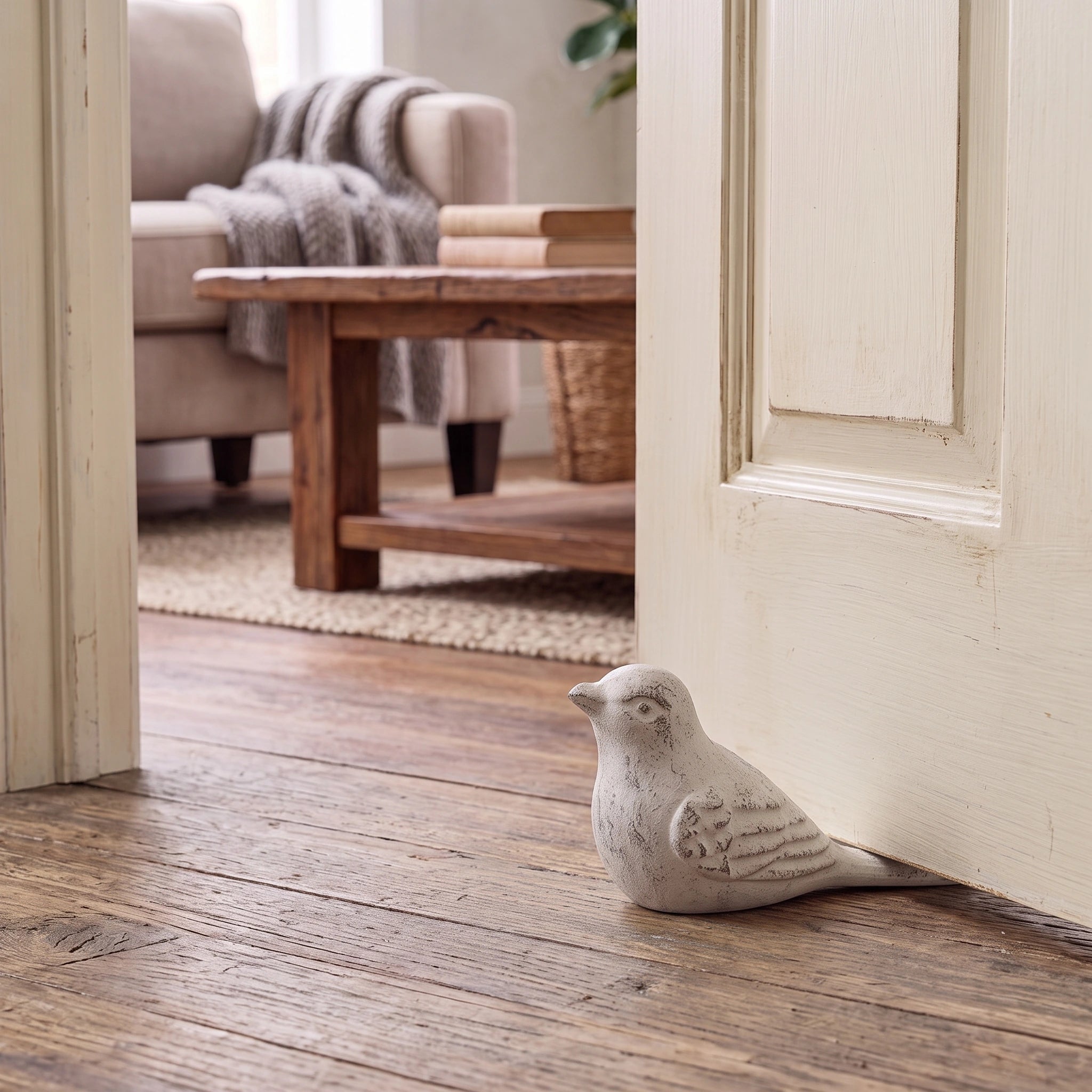 Antique white cast iron bird door stop holding open a cream interior door in a warm living room, GB78117