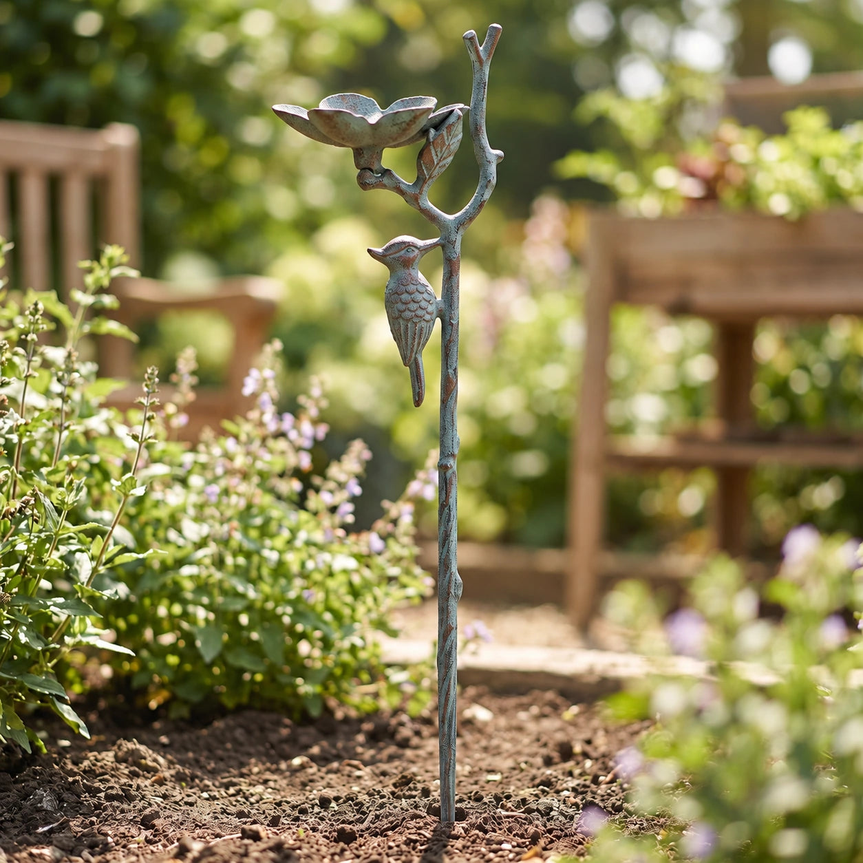 Woodpecker Garden Stake Bird Feeder, Cast Iron Green Patina, 28" GB78122 shot 5