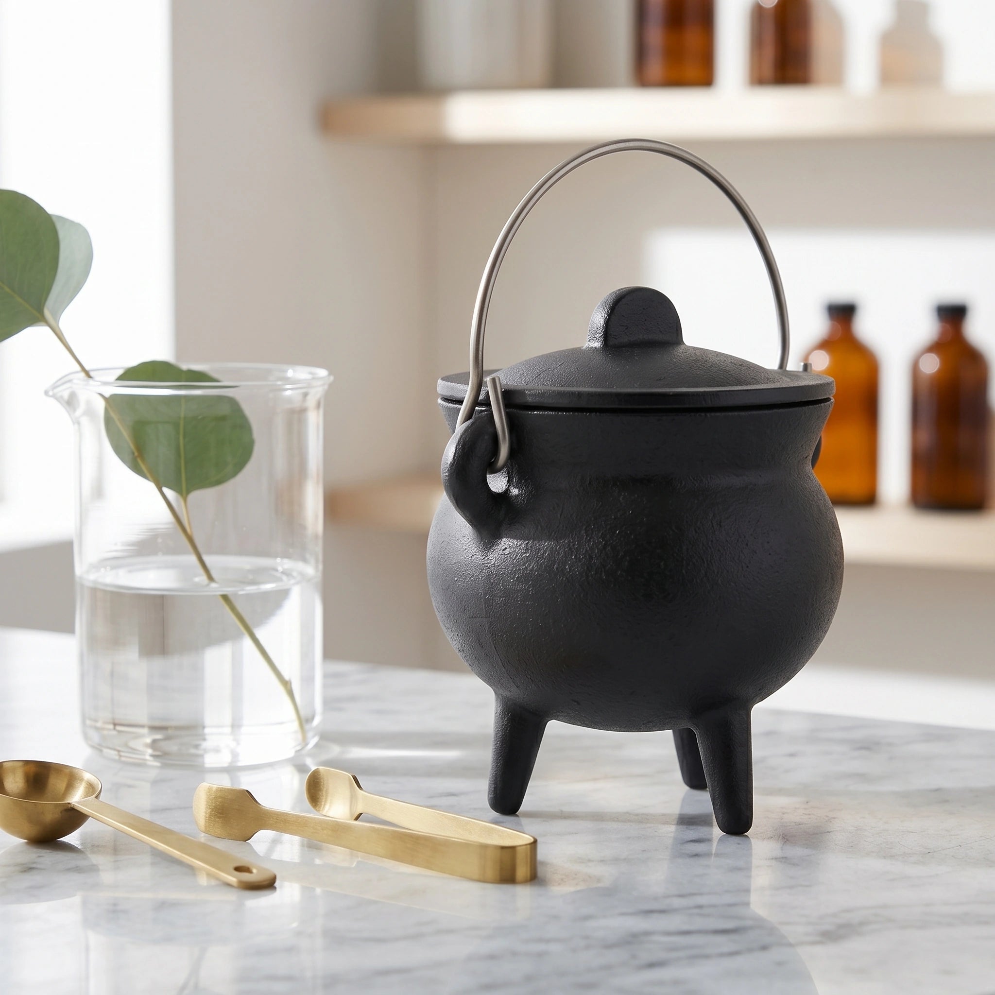 Close-up of lidded mini cast iron cauldron with movable metal handle, SKU GB78125