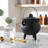 Close-up of lidded mini cast iron cauldron with movable metal handle, SKU GB78125