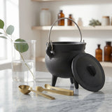 Angled view of open lidded mini cast iron cauldron, SKU GB78125