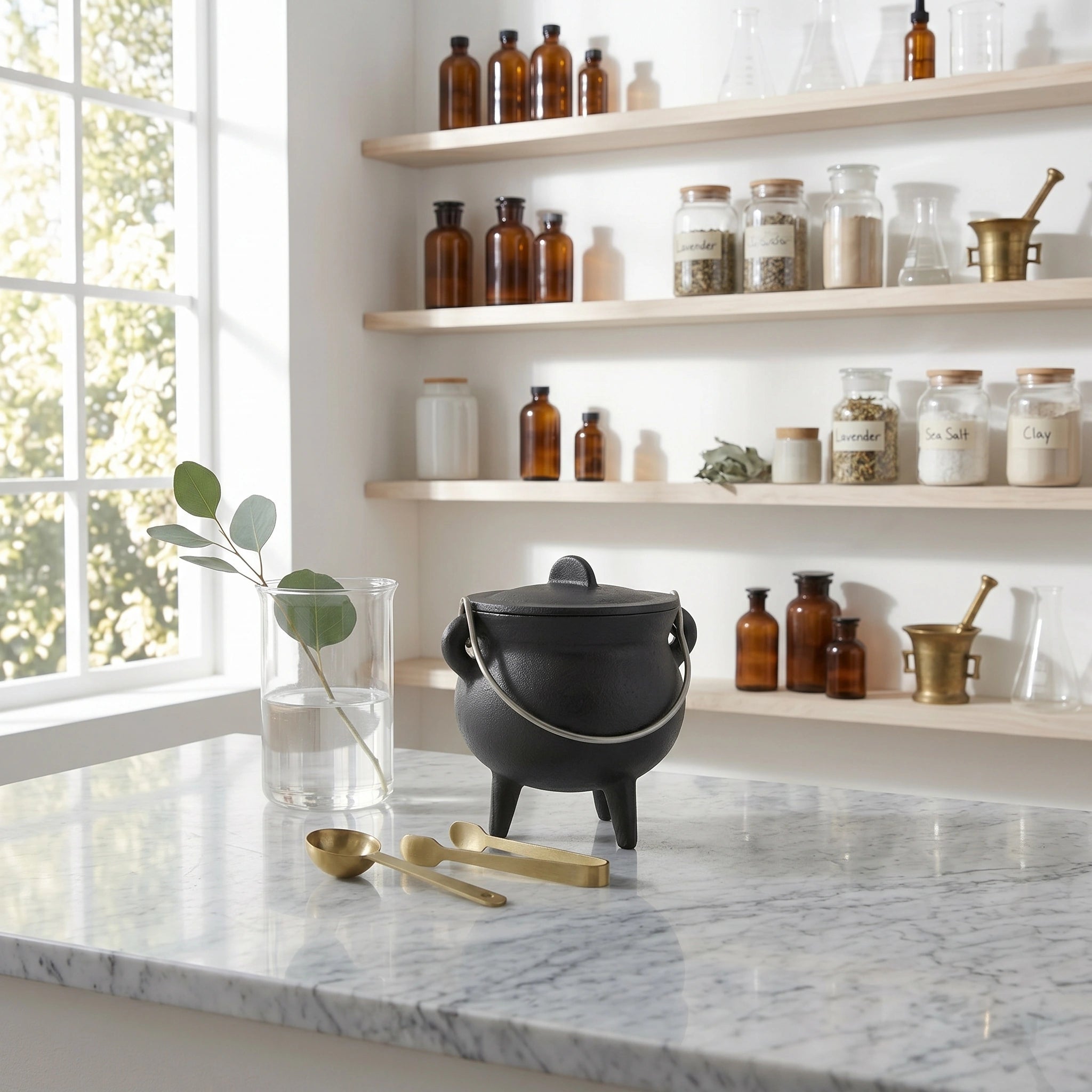 Lidded mini cast iron cauldron displayed on an apothecary-style shelf, SKU GB78125