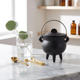 Black cast iron lidded mini cauldron with three legs and bail handle, SKU GB78125