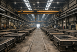 Large industrial metal casting foundry with rows of metal containers and a yellow crane.