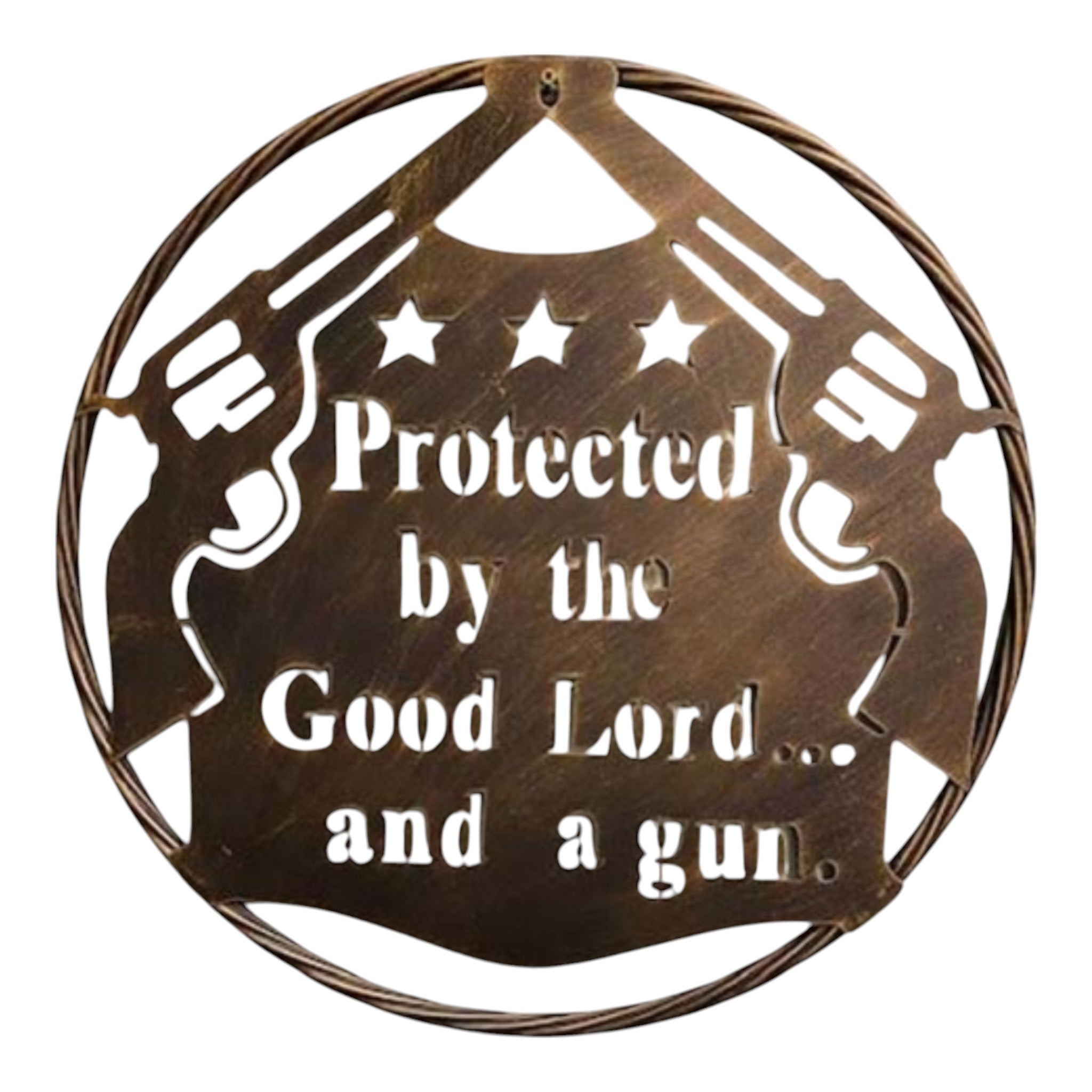 Circular metal wall art featuring dual revolvers, stars, and Protected by the Good Lord text