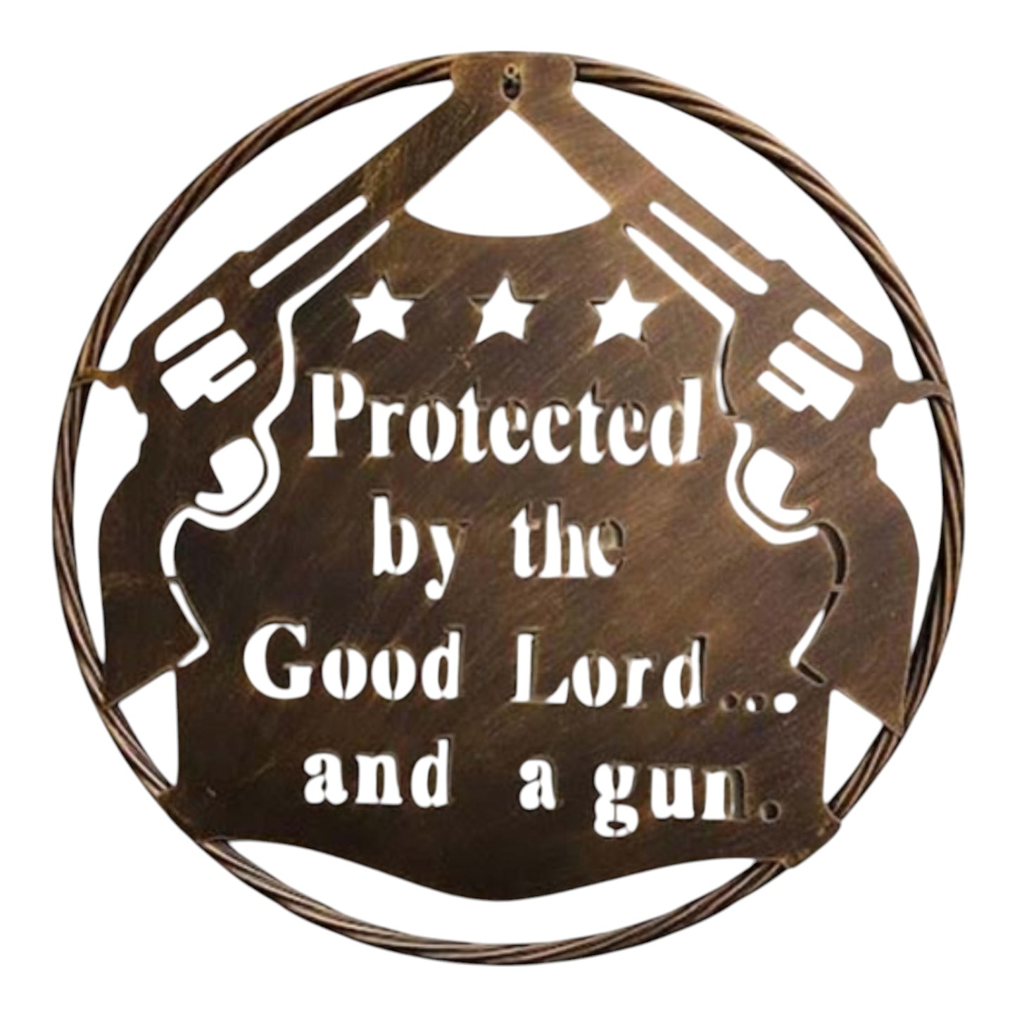 Protected by the Good Lord and a Gun 23 inch Brushed Copper Metal Wall Sign with Laser Cut Revolvers