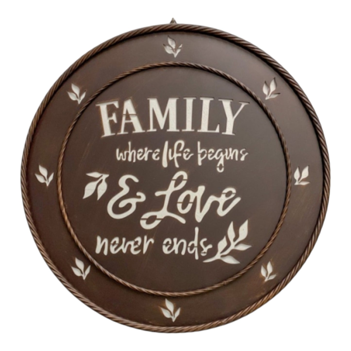 23 inch Family Where Life Begins and Love Never Ends Laser Cut Brushed Copper Metal Wall Sign