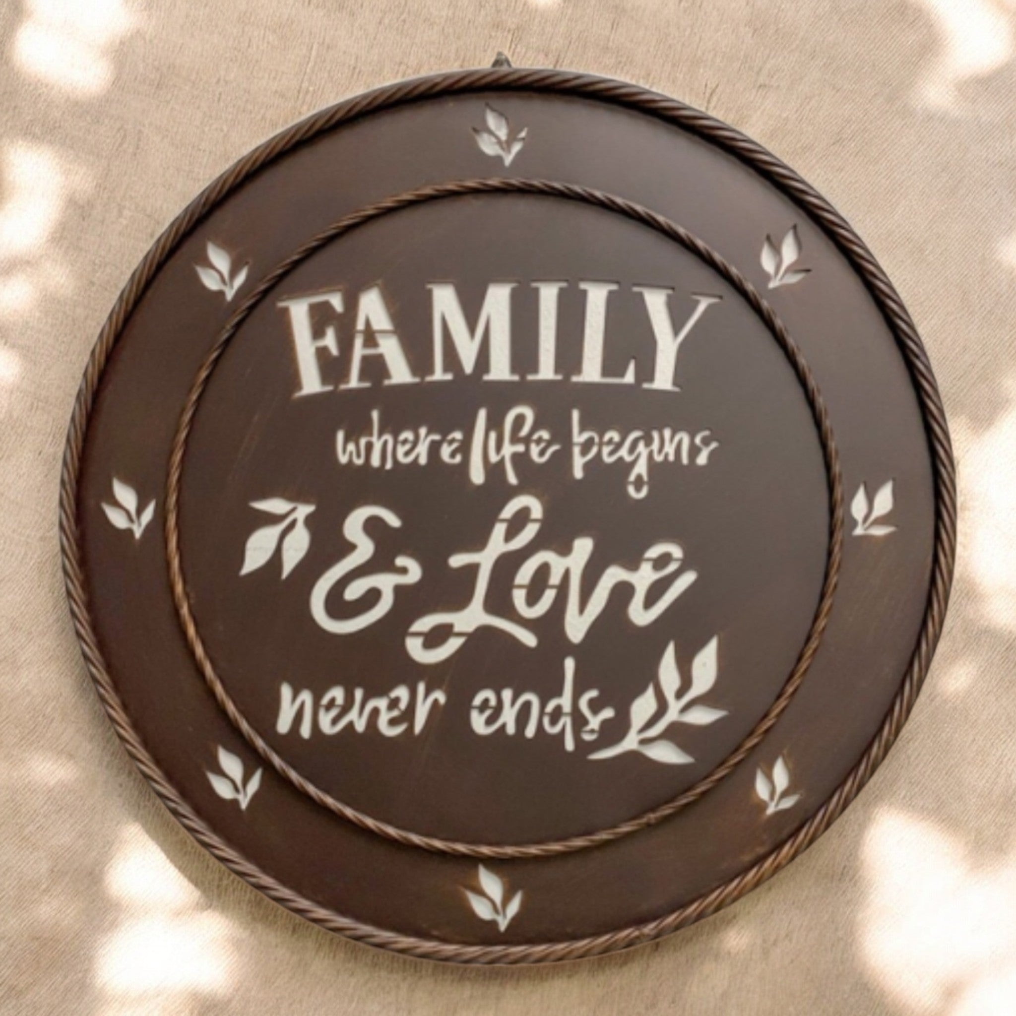 Family Where Life Begins and Love Never Ends 23 inch laser cut metal wall sign