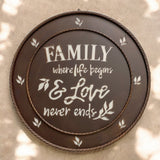 Family Where Life Begins and Love Never Ends 23 inch laser cut metal wall sign