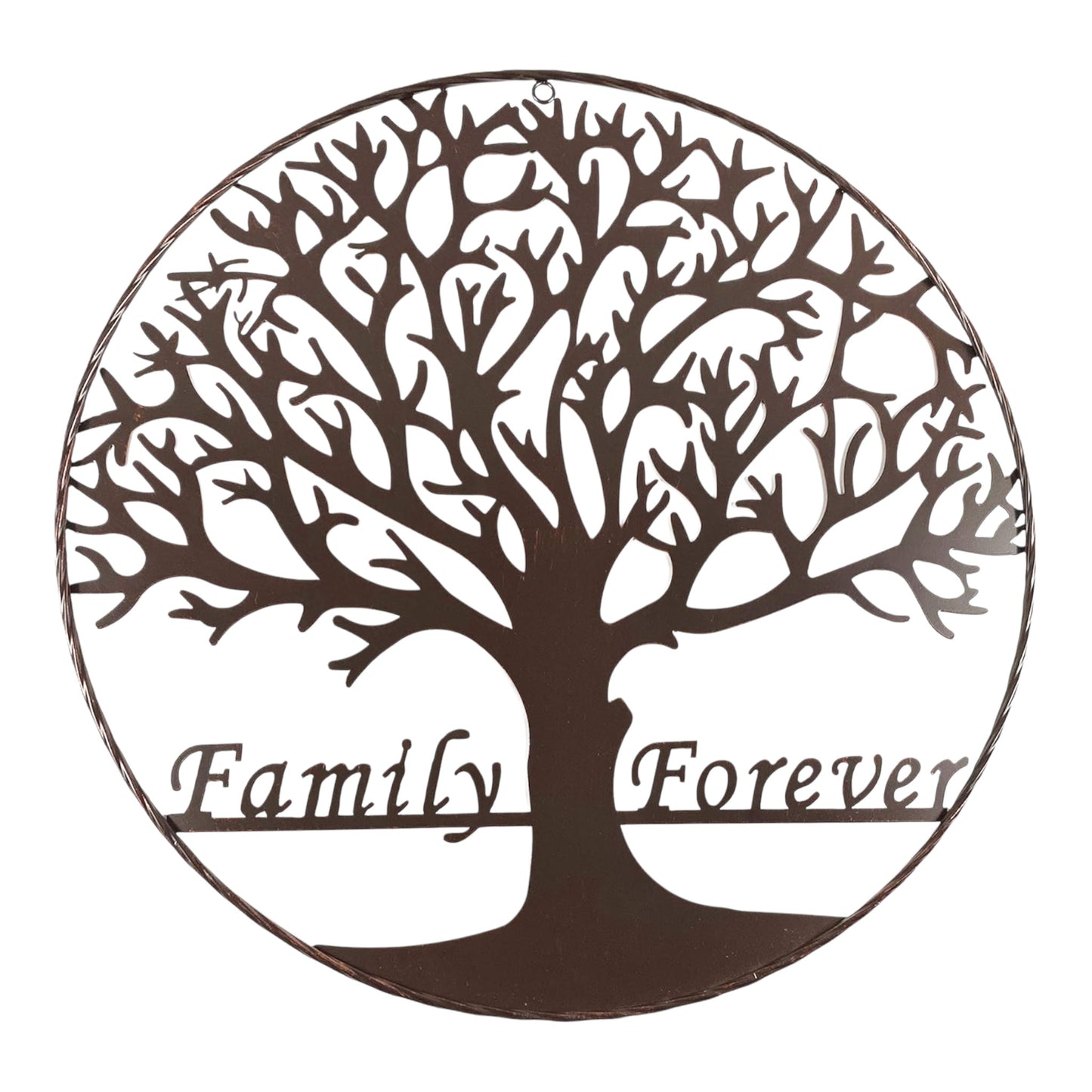 Metal Round Family Forever 23 inch Laser Cut Wall Sign with Tree Silhouette