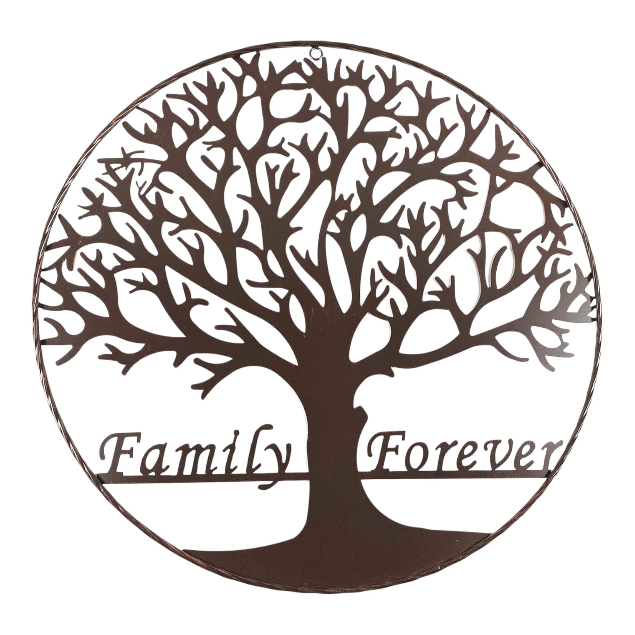 Round metal tree-of-life family forever decorative wall art sign, outdoor view detail