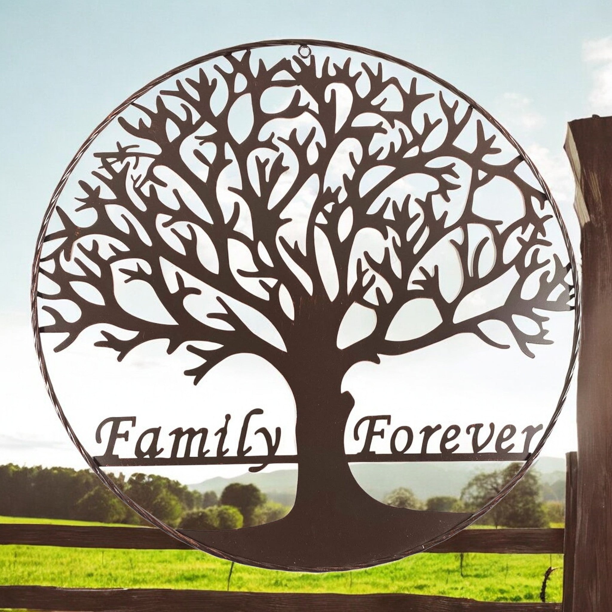 Family Forever 23 inch round laser-cut metal tree silhouette sign with flowing branches