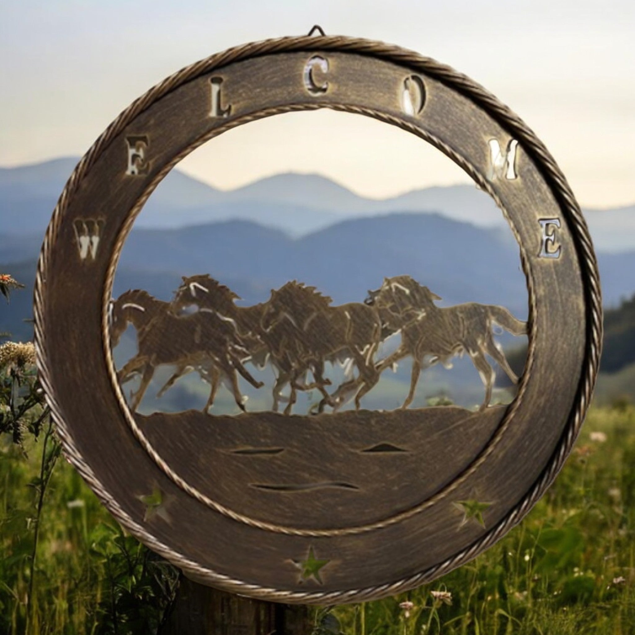 Running horses metal wall sign 23 inch cast iron with Welcome text rope border