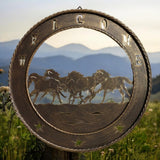 Running horses metal wall sign 23 inch cast iron with Welcome text rope border