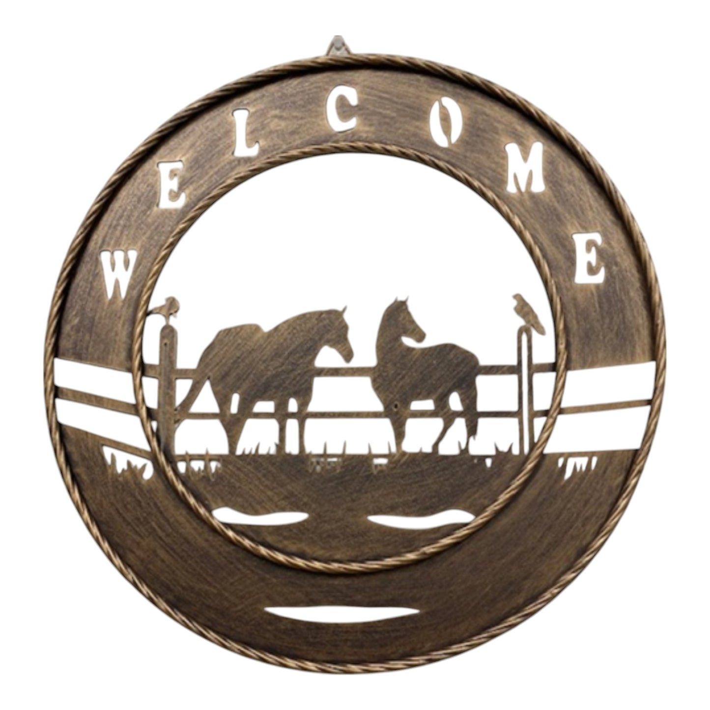 Horses Welcome 18 inch Brushed Copper Metal Wall Sign with Laser Cut Horses in Pasture