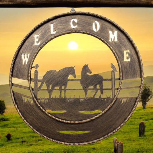 Horses Welcome 18 inch Brushed Copper Metal Wall Sign with Laser Cut Horses in Pasture