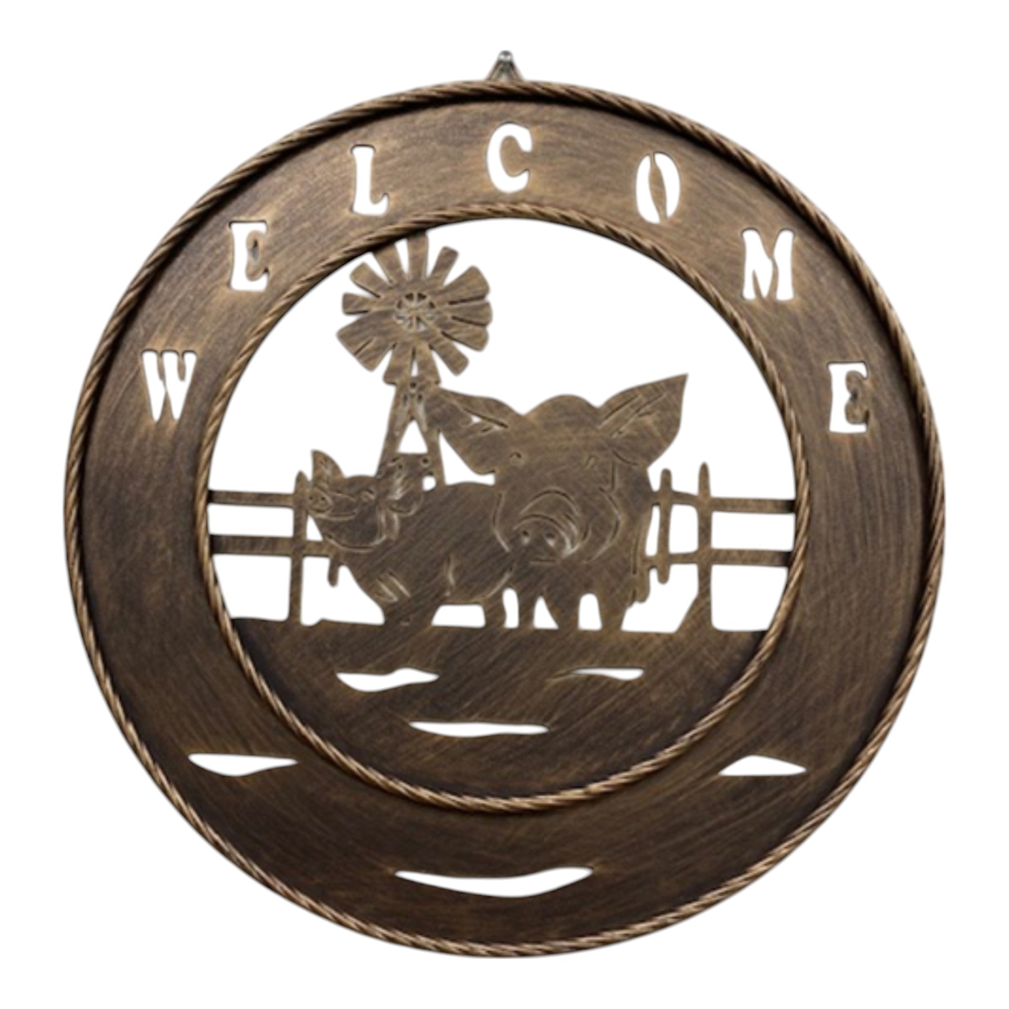 Closeup brushed copper pig welcome sign showing detail texture and windmill design