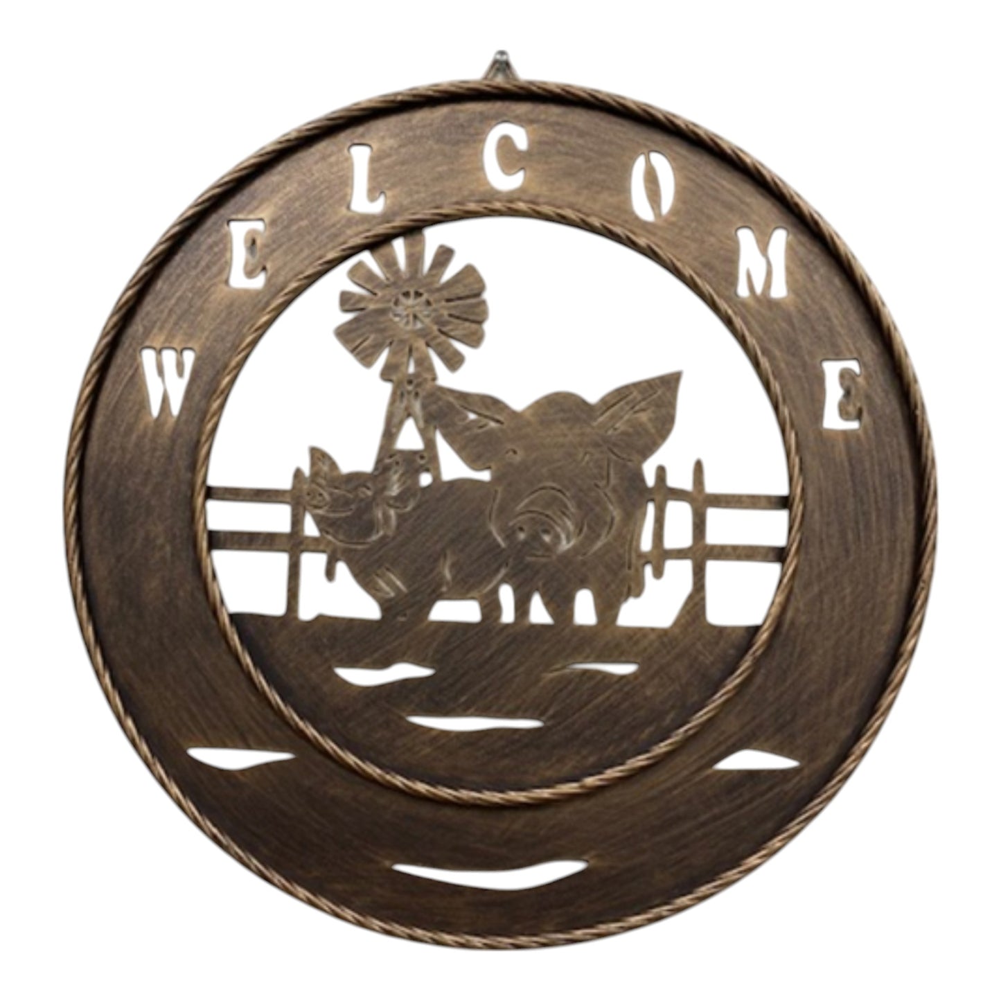 Pig Welcome 18 inch Brushed Copper Metal Wall Sign with Laser Cut Pasture Pigs