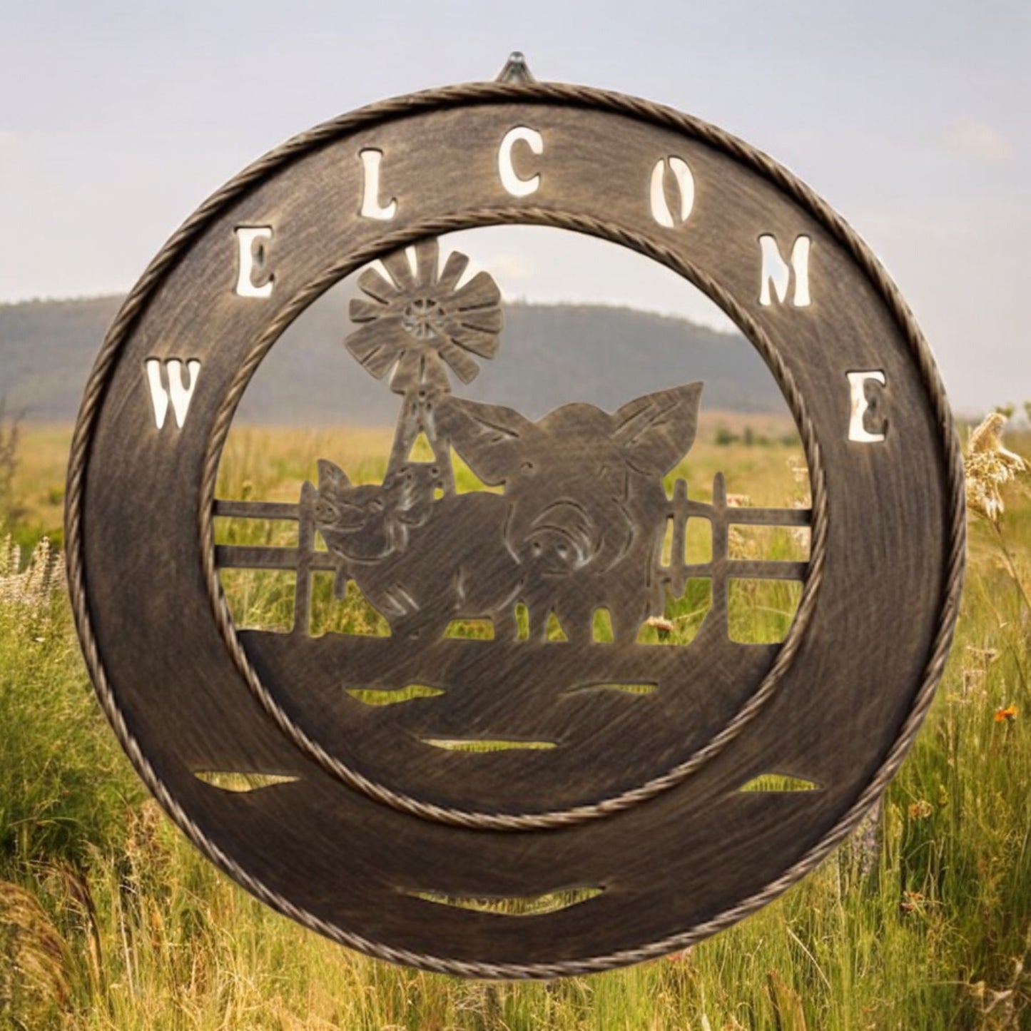 Pig Welcome 18 inch Brushed Copper Metal Wall Sign with Laser Cut Pasture Pigs