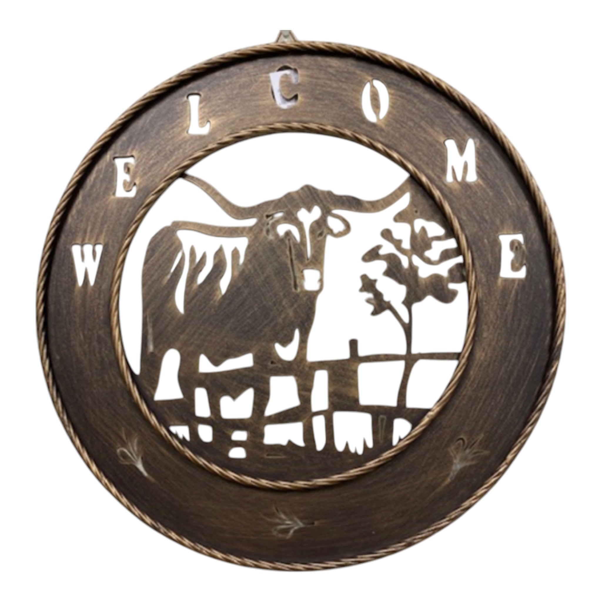 Brushed copper cow welcome sign, circular ranch wall hanging with horns