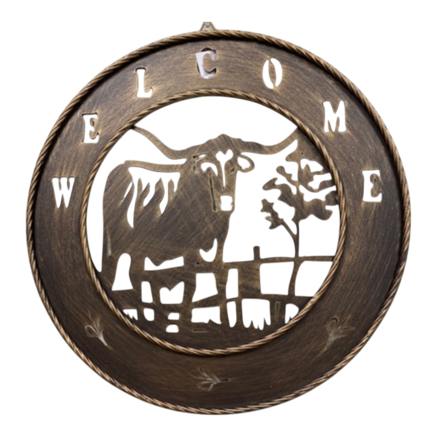 Cow Welcome 18 inch Brushed Copper Metal Wall Sign with Laser Cut Longhorn Cow