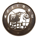 Brushed copper cow welcome sign, circular ranch wall hanging with horns
