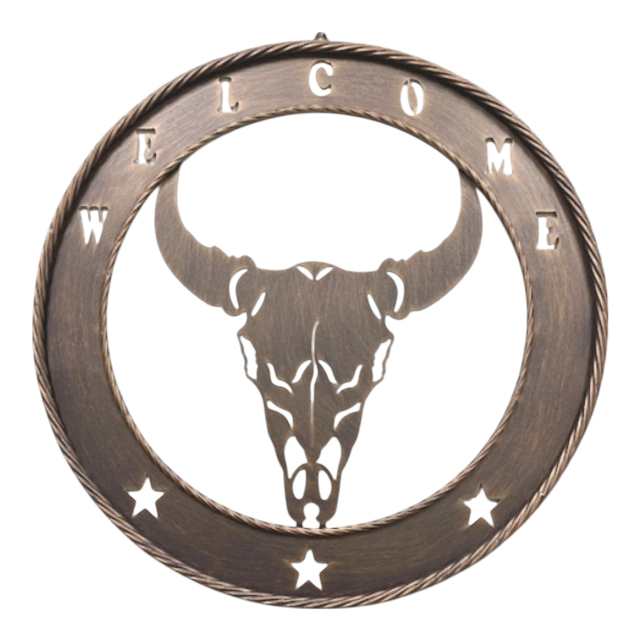 Bronze finish welcome sign with detailed longhorn skull and decorative stars