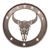 Bronze finish welcome sign with detailed longhorn skull and decorative stars