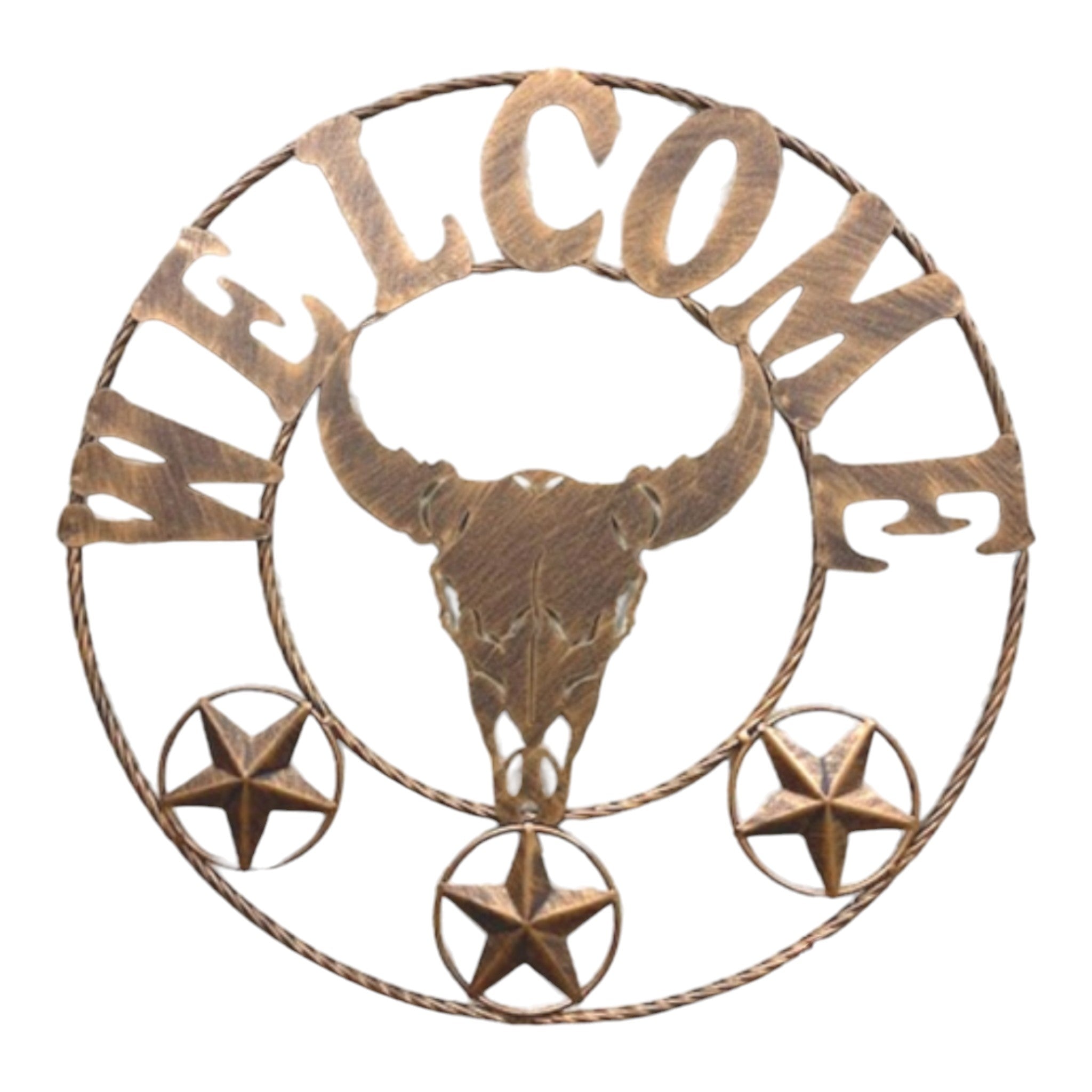 Welcome longhorn skull wall sign with rope border and bronze star accents