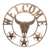Welcome longhorn skull wall sign with rope border and bronze star accents